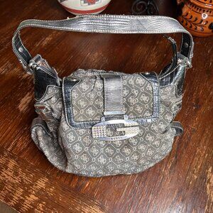 Vintage Guess Y2K Monogram Shoulder Bag With Rhinestone Buckle & Faux Croc Accen